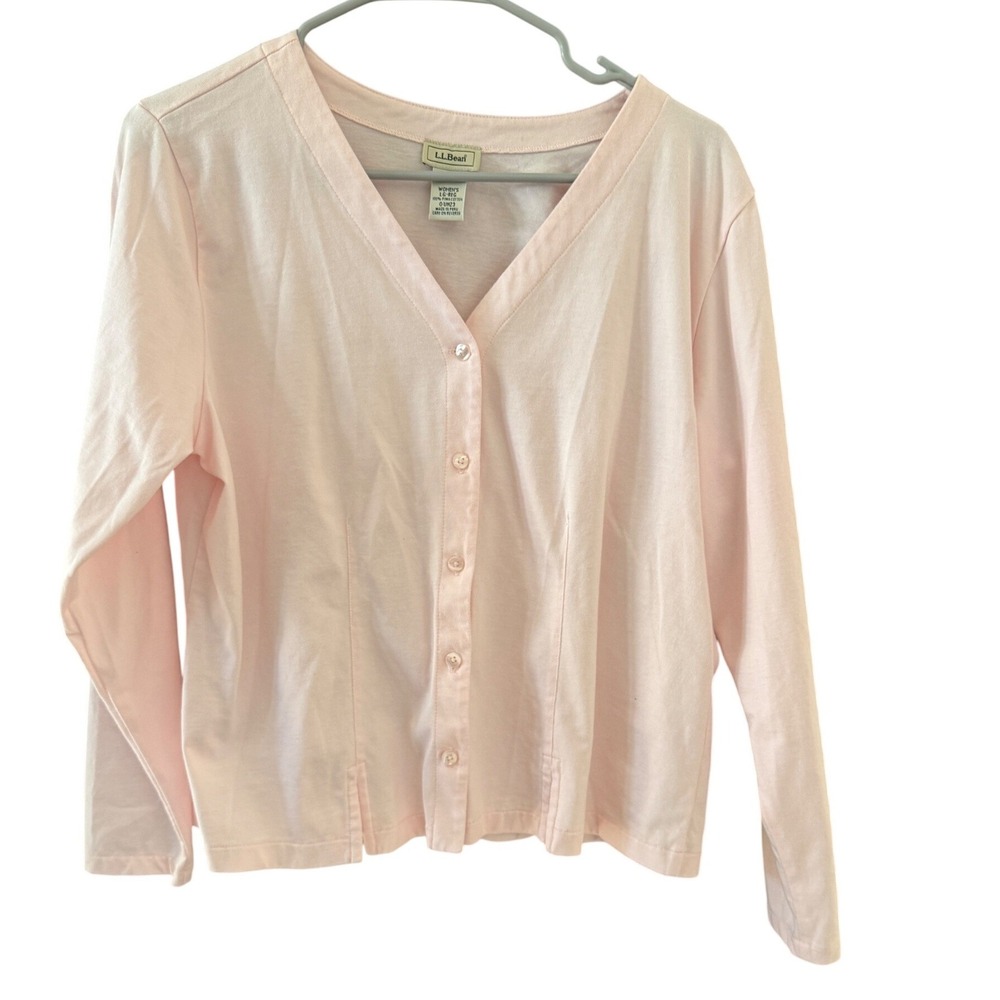 LL Bean Womens Pink Pima Cotton V-Neck Button Front Cardigan Sweater Large